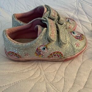 Beautiful silver sparkly Lelli Kelly girls shoes with rainbows and unicorns, 27
